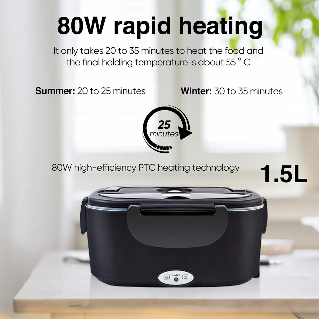 Boîte à lunch chauffante électrique 1,5 L 60W 12V/24V/110V/220V avec récipient en acier inoxydable  pour voiture, chantier, camion, bureau, voyage