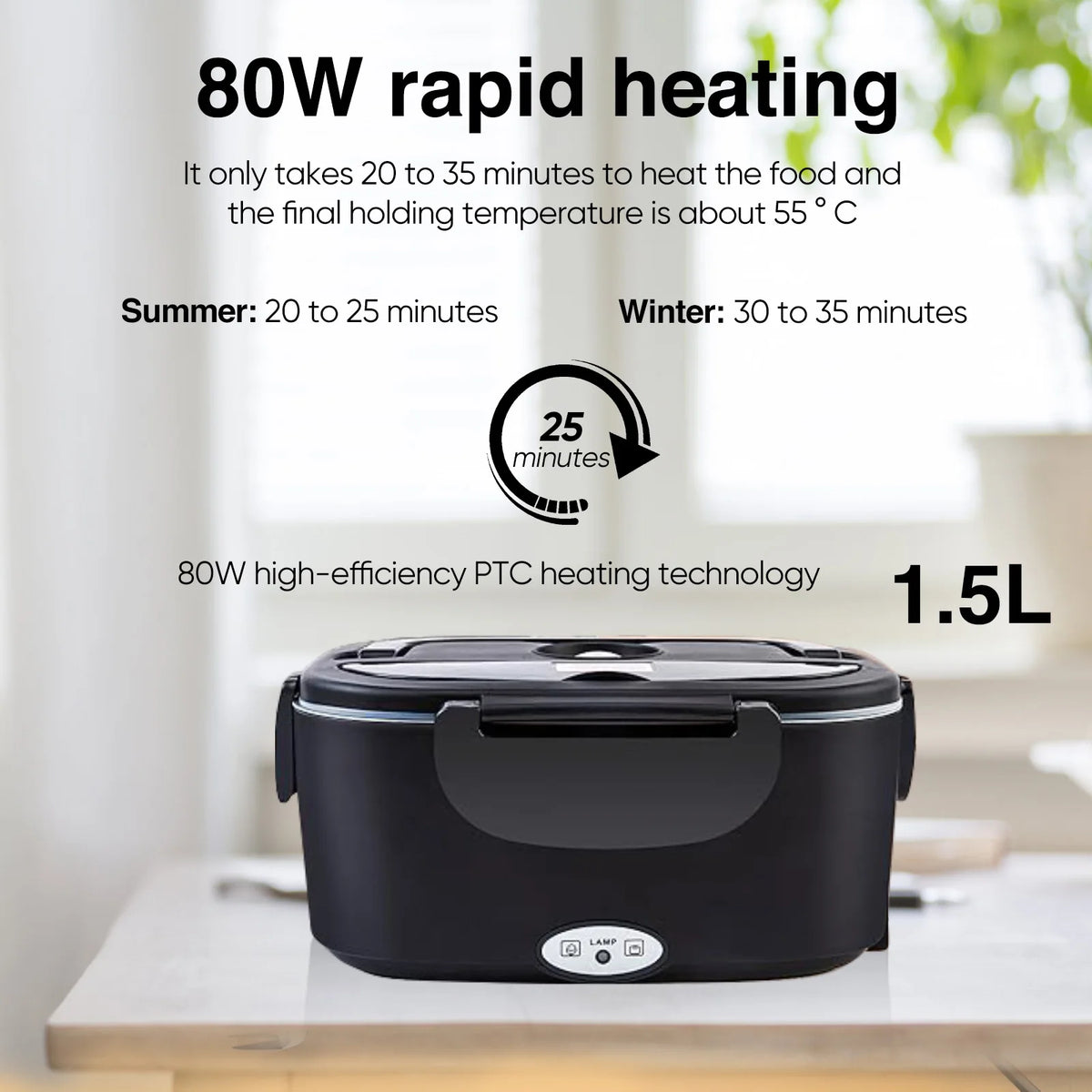 Boîte à lunch chauffante électrique 1,5 L 60W 12V/24V/110V/220V avec récipient en acier inoxydable  pour voiture, chantier, camion, bureau, voyage