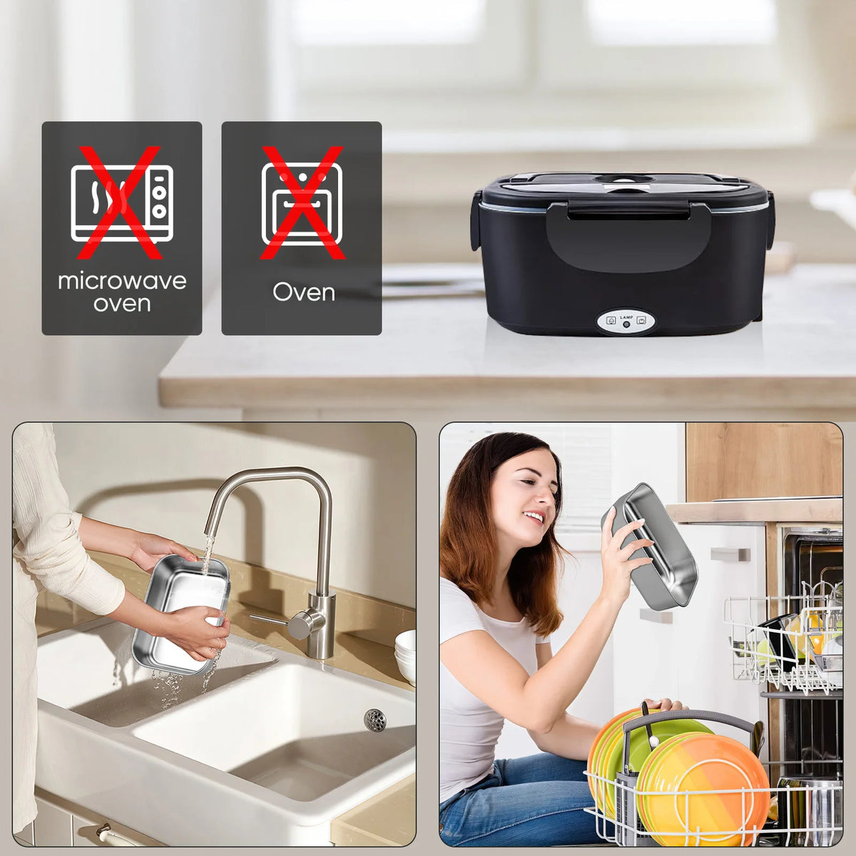 Boîte à lunch chauffante électrique 1,5 L 60W 12V/24V/110V/220V avec récipient en acier inoxydable  pour voiture, chantier, camion, bureau, voyage